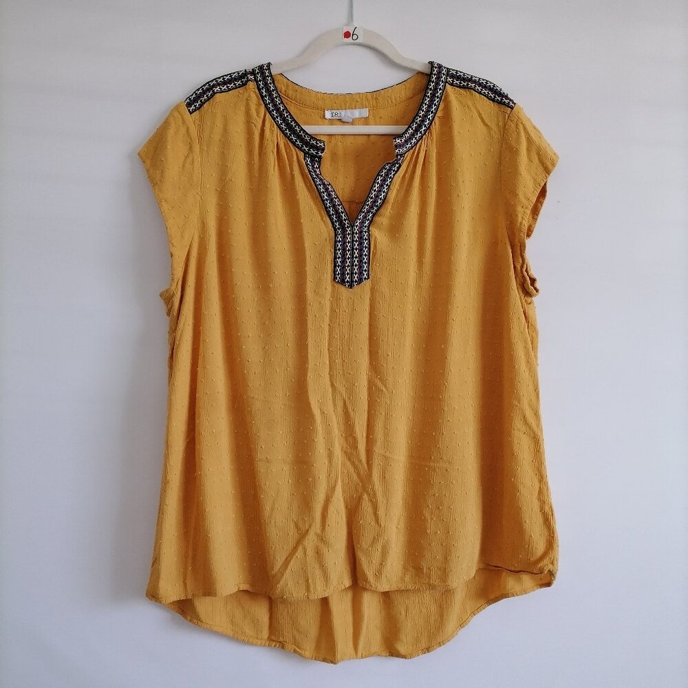 DR2 Womens Yellow Embroidered Lace Detailing Swiss Dotted Blouse Top Size XL